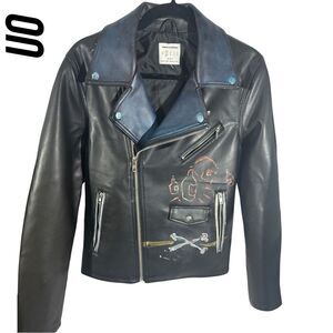 URBAN OUTFITTERS CUSTOM PAINTED FAUX VEGAN LEATHER JACKET BLACK SP